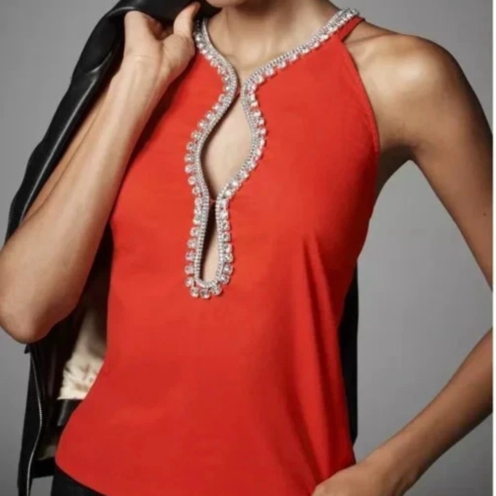 NWT Maeve Anthropologie Red Rhinestone Cutout Tank Top XXS